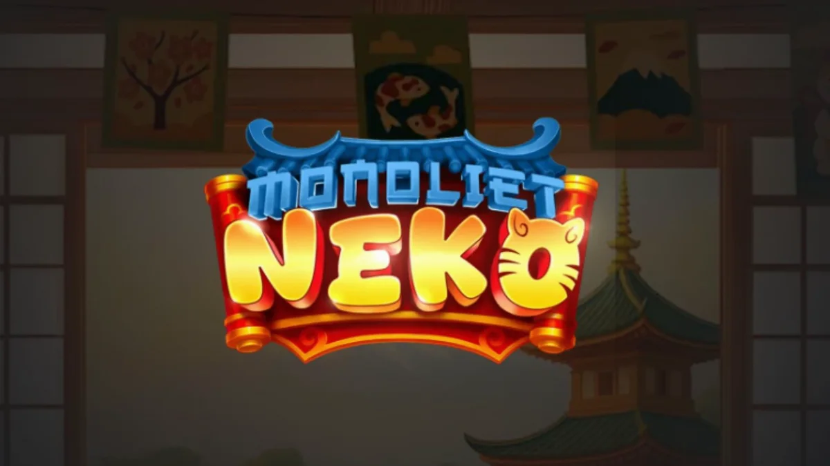 Tampilan visual slot Monoliet Neko dengan tema kucing keberuntungan Jepang dan elemen emas.