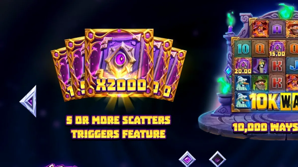 Tampilan visual intens dari slot Wizbang Brawl 10K Ways dengan tema penyihir.