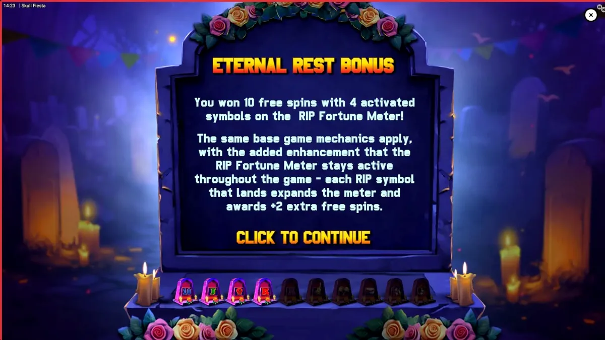 Tampilan visual slot Skull Fiesta dengan tema Day of the Dead yang penuh warna dan tengkorak hias.